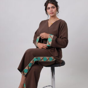 Brown Two-Piece Set with Vibrant Indain Embroidery