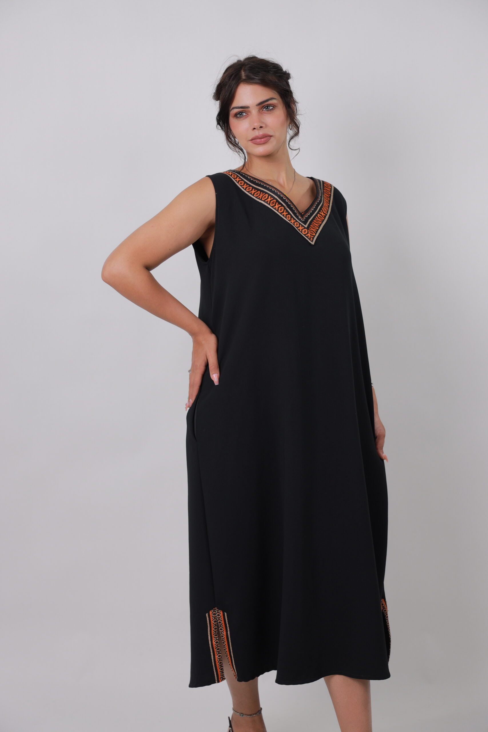 Sleeveless Black Dress with Orange Sadu Trim - Image 3