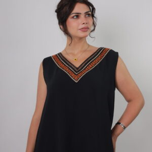 Sleeveless Black Dress with Orange Sadu Trim