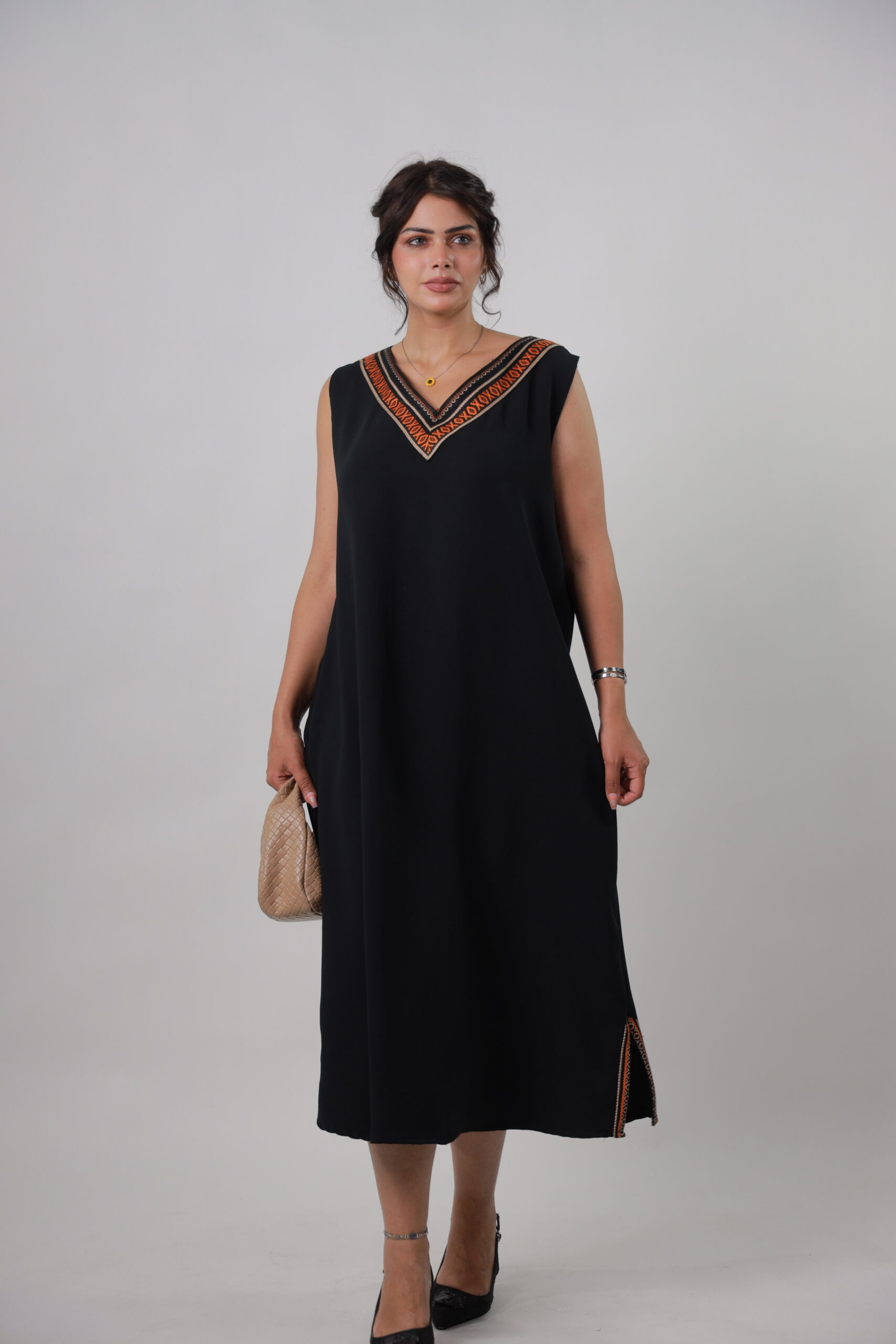 Sleeveless Black Dress with Orange Sadu Trim - Image 5