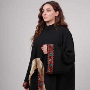 Black Abaya with Gold Fringe & Colorful Embroidery